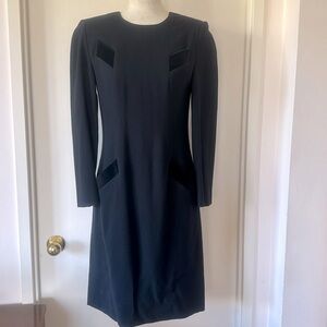 💕Vintage Carolina Herrera Black Wool Crepe & Velvet Long Sleeve Dress 8 EUC
